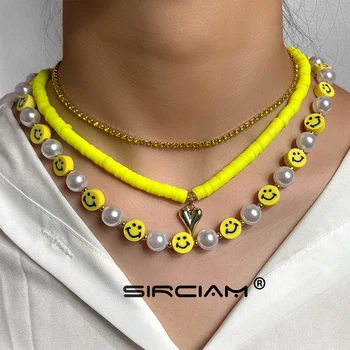 Yeni Tasarım Katmanlı Sarı Gülen İnciler Kil Boncuklu Kolye Kadınlar İçin Metal Kalp Charm Kristal Gerdanlık Şık Kolye Takı  10