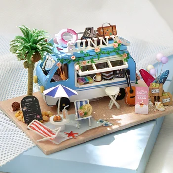 Yeni DIY Mini araba okyanus dükkanı Casa ahşap bebek evi minyatür yapı kitleri Dollhouse mobilya ışıkları oyuncaklar kızlar için hediyeler  5