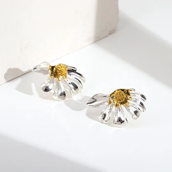 AENSOA Kişilik Ayçiçeği Gümüş Renk Petal Büyük düğme küpe Benzersiz Tasarım Çiçek Küpe Kadınlar için Orijinal moda takı  10