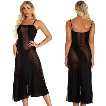 Artı Boyutu Siyah Seksi gece elbisesi Kadınlar See Through Dantel Seksi Nightie Sling Backless Gecelik Uzun Pijama Femme Kıyafeti 6XL  5