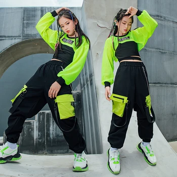Çocuklar hip hop giysileri Kız Caz dans kostümü Neon Yeşil Kırpma Üstleri Siyah Yelek Kargo Pantolon Sokak Dans Performansı Giyim  10