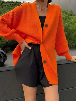 COKAGO Sonbahar Kış Turuncu Hırka Büyük Boy Kadın Uzun Kollu Düğme Rahat Y2k Gevşek Örme Kazak Moda kadın ceket  5