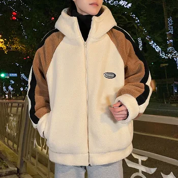 Lambswool Parkas Erkekler Gevşek Kapşonlu Patchwork Kış Yumuşak Sıcak Rahat Şık Giyim Fermuar Vintage Harajuku Kore Moda Ceket Yeni  5