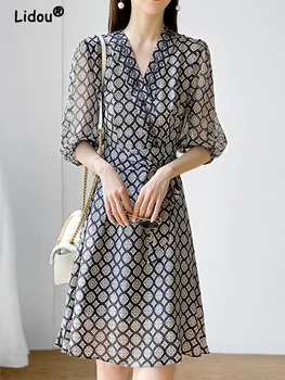 Mizaç Zarif Moda V Yaka Ofis Bayan High-End Midi Elbise Yeni Kadın Yaz Sonbahar 2022 Baskı A-line Elbiseler Femme  2