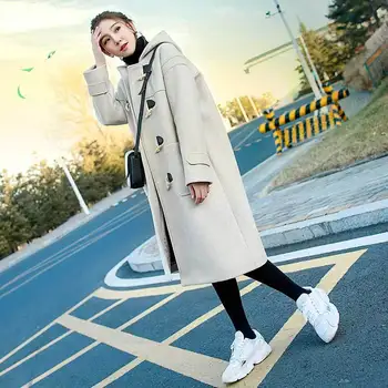 2020 Kore Bayan Moda Yün Palto Katı Boynuz Toka kadın ceketi Cepler Kapşonlu Casual Gevşek Uzun Yün Bayan Mont L119  5