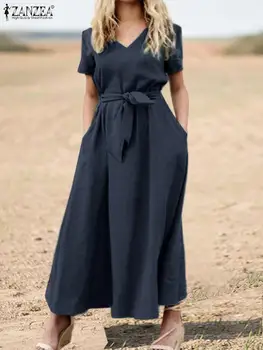 2022 ZANZEA Moda Zarif Rahat Büyük Boy Cepler Elbise Kadın Yaz Vintage Elbise Katı Kısa Kollu V Yaka Kemer Sundress  5