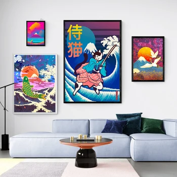 Japon Fuji Samurai Kedi Dalga Tuval Boyama sanat posterleri Dekoratif Boyama Duvar Ev Çocuk Odası Duvar Estetik Dekor  10