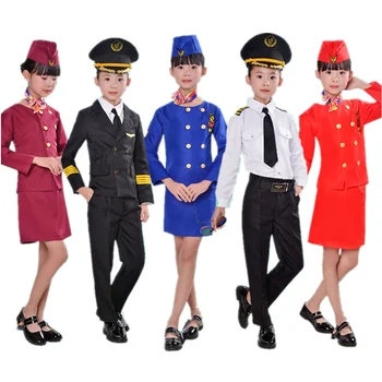 90-160cm Çocuklar Uçak Cosplay Kostüm Cadılar Bayramı Partisi Hostes Takım Elbise Fantezi Pilot Üniforma Kızlar Performans Giyim Seti  10
