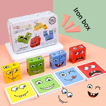 Yüz Değiştirme Yapı Taşları Karikatür Küp Kurulu Oyunu Ahşap Bulmaca Montessori Oyuncak Anksiyete Stres Giderici Oyuncaklar Çocuklar Çocuklar İçin  5