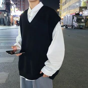 Erkek Kazak Yelek Katı V Yaka Basit Tasarım Sokak Dış Giyim Örme Erkek Eğlence Şık Gevşek Moda Kore Tarzı Tüm Maç Sıcak  4