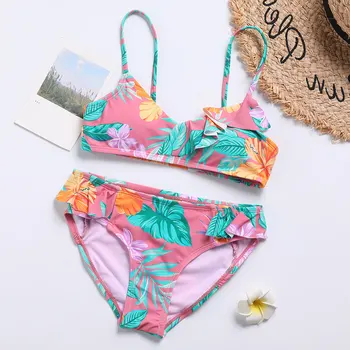 Tropikal Kız Mayo Çocuklar Fırfır Kız bikini seti Çiçek İki Parçalı çocuk Mayo Yastıklı Kız Mayo Beachwear 2021  5