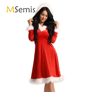Kırmızı Bayan Noel Yumuşak Kadife Anne Kızı süslü elbise Noel Baba V Yaka Uzun Kollu Kapşonlu Noel Aile Eşleştirme Giyim  2