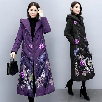 Kabanlar Palto kadın Orta uzunlukta 2020 Kış Retro Kapşonlu Yastıklı Parka Çin Tarzı Baskılı Ceket Halk Tarzı Giyim y075  5