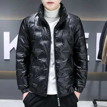 2022 Yeni Erkek Standı Yaka Kısa Ceket Üst Parlak Yüz Yakışıklı Sonbahar Ve Kış Kore Moda Aşağı pamuklu ceket  5
