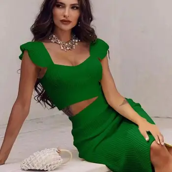 Yüksek Kaliteli Ünlü Seksi Moda Yeşil Sarı Ruffles Bodycon Rayon İki Adet Bandaj Elbise İki Adet ve Etek Seti  2