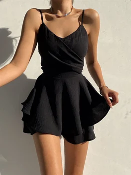2022 Yaz Spagetti Kayışı Katı Parti Elbise Kadınlar Seksi V Yaka Çapraz Kapalı Omuz Düzensiz Mini Elbiseler Elbise Siyah Beyaz Elbise  5