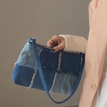 Vintage Denim Dikiş Kadın Koltukaltı Çanta Moda Bayanlar Kontrast Renk Büyük omuz çantaları Kadın Koltukaltı Çanta Çanta  5