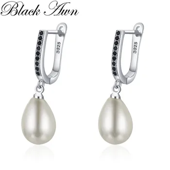 Siyah Awn Yuvarlak İnci Hoop Küpe Kadınlar için Klasik Gümüş Renk Moda Spinel Nişan moda takı I246  5