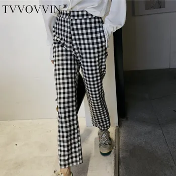 TVVOVVIN 2020 YENİ Rahat Gevşek Pantolon Düz Ekose Düğme Kız Kadın Yüksek Bel Streetwear Mizaç Commuting A758  10