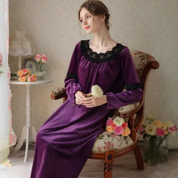 Vintage Kadife Uzun gece elbisesi Kadın Sonbahar Kış Sıcak Pleuche Kadife Elbise Retro Kraliyet Kıyafeti Romantik Gecelikler Pijama  10
