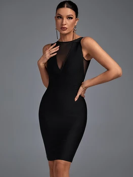 Örgü Bandaj Elbise Siyah Bodycon Elbise Akşam Parti Zarif Seksi Diz Boyu Doğum Günü Kulübü Kıyafet 2022 Yaz Yeni Varış  5