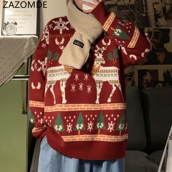 ZAZOMDE Unisex Noel Kazak Komik Ren Geyiği Baskılı Noel Kazak Erkekler Crewneck Kış Noel Kazak Süveter Tops  5
