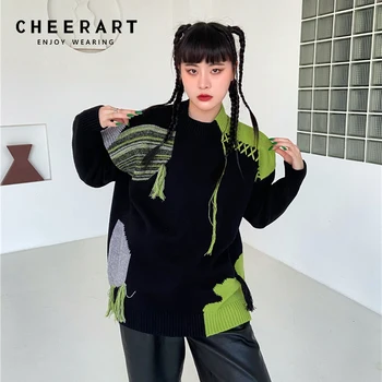 CHEERART Renk Bloğu Büyük Boy Kazak Kadın Giyim Siyah Kazak Tasarımcı Örme Streetwear Kazak Kış Triko  4