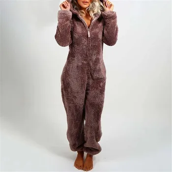 Kış kadın Peluş Romper Kalınlaşmak Onesies Polar Pazen Kapşonlu Pijama Tulumlar Uzun Kollu Fermuar Sıcak Pijama Gecelik  10