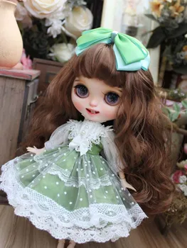 Blyth oyuncak bebek giysileri yeşil renk tatlı elbise + saç klipleri Blyth doll için küçük elbise bebek aksesuarları oyuncak bebek giysileri  5