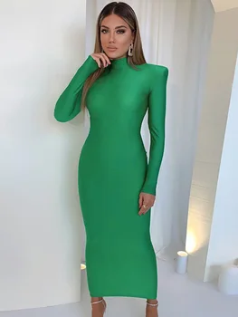 Omuz Yastıklı Uzun Kollu Bodycon Yeşil Parti Kulübü Maxi uzun elbise 2022 İlkbahar Sonbahar Kadın Moda Zarif Giysiler  5