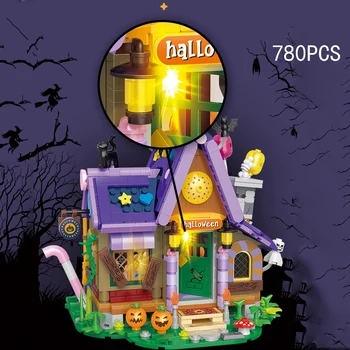 Hayalet Cadılar bayramı Trick Or Treat şehir sokak görünümü Mini blok perili ev montaj yapı tuğla şekil Streetscape oyuncak ışık  5