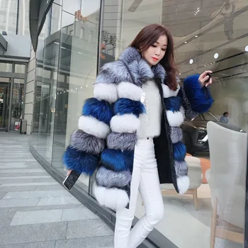 Maomaokong Gerçek kürk ceket kış kadın gümüş tilki kürk lüks Splice renk Sıcak kalın bayanlar ceket uzun doğal kürk ceketler  5