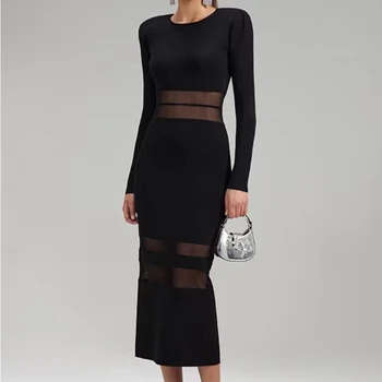 Kadınlar Seksi Şeffaf Bel midi elbise moda İnce Siyah Örme Midi Elbise  5