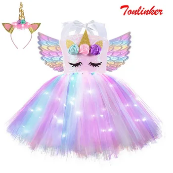 Kızlar cadılar bayramı parlayan Unicorn kostüm çocuklar pullu gökkuşağı doğum günü partisi LED ışıkları Tutu elbiseler prenses Cosplay kostümleri  10