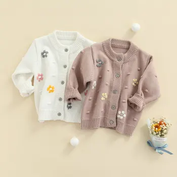Yenidoğan Bebek Bebek Kız Sevimli Sonbahar Kazak Hırka Örme Papatya Çiçek Uzun Kollu Düğme Nervürlü Ceket Ceket  5