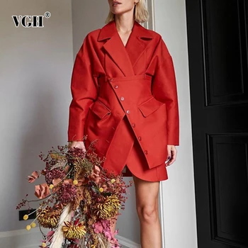 VGH Kırmızı Rahat Patchwork Cep Blazer Kadınlar İçin Çentikli Uzun Kollu Gevşek Ceket Kadın 2022 Bahar Moda Yeni Giyim Tarzı  10