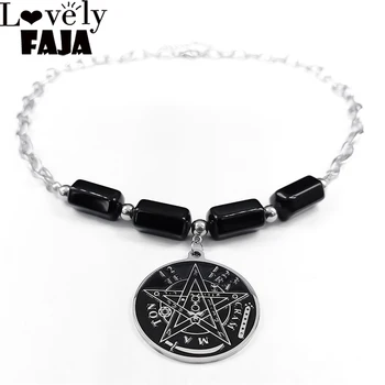 Büyücülük Kehanet Tetragrammaton Pentagram Koruma Kolye Paslanmaz Çelik Pentagramı Siyah Doğal Taş Kolye Takı  5