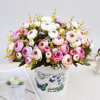1 Buket Yapay Çiçekler Ucuz İpek Bitkiler Avrupa Güz Küçük Çay Tomurcuğu Sahte Yaprak Düğün Ev Partisi Vazolar Dekorasyon için  10