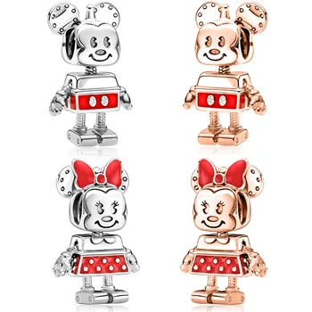 Fit Pan Charms Bilezik Erkekler Sevimli Kırmızı Emaye Minnie Robot Mickey Boncuk DIY Takı Kadınlar İçin Disney Fare Bileklik Aksesuarları Hediye  5