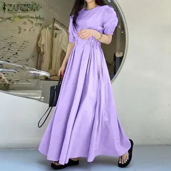 Yaz Sundress ZANZEA Zarif Kadın Kısa Puf Kollu Pilili uzun elbise Robe Femme Rahat Moda Katı Parti Çalışma Vestidos 7  5
