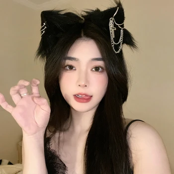 Siyah kedi kulak saç tokası kız öğrenci peluş tilki pussycat yan klip sevimli Noel süs Klip kafa süsleme cosplay catwoman Neko  4