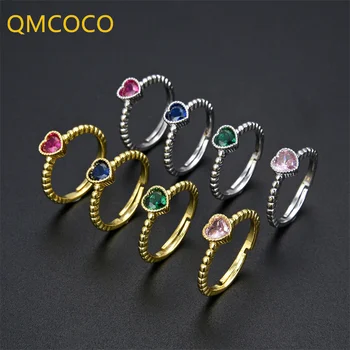 QMCOCO Gümüş Renk Basit Kalp Şekli Çoklu Renk Zirkon Yüzükler Kadınlar İçin Vintage Zarif Yüzükler Güzel Takı Aksesuarları  5