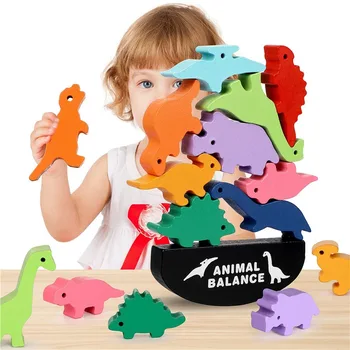 Çocuk Montessori Ahşap Hayvan Denge Blokları Tahta Oyunları Oyuncak Dinozor Eğitici İstifleme Yüksek Yapı Taşı Ahşap Oyuncak Erkek  5