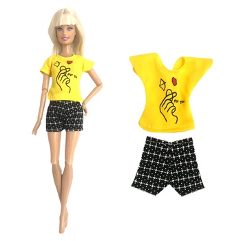 NK Resmi 1 Adet Moda oyuncak bebek giysileri Günlük gündelik giyim Sarı Gömlek+ Siyah Pantolon Şort barbie bebek Aksesuarı  4