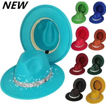 elmas bant fedora kadınlar için caz şapka Unisex fedoras moda şapkaları kadınlar ve erkekler için kilise şapka kaya şapka yıldız kaya fedoras şapka  5