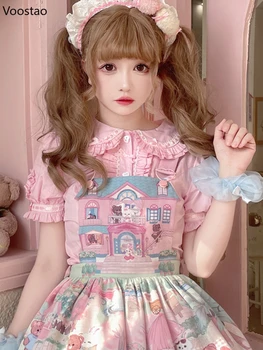 Japon Tatlı Lolita Bluzlar Kadınlar Kawaii Peter Pan Yaka Puf Kollu JK pamuk gömlekler Kızlar Harajuku Sevimli Yay Blusas Mujer  5