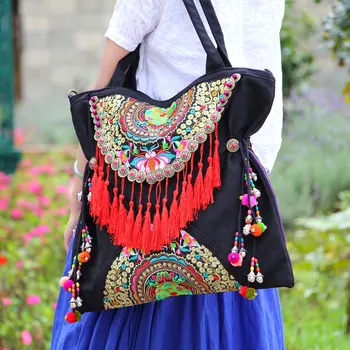 Etnik Çift taraflı işlemeli kadın çanta Vintage püskül perçin rahat omuz askılı postacı çantaları  5