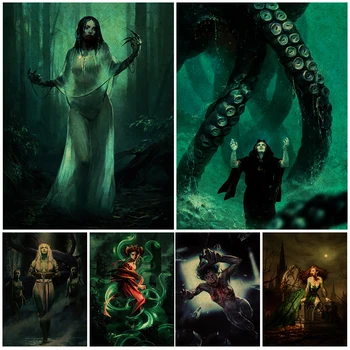 Kraliçe Banshee Gece Sanat Baskılar Kraken Ve Orman Cadı duvar sanatı tuval yağlıboya Retro Soyut Poster Baskılar Ev dekor  10