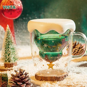 Noel ağacı cam Bardak kupa 300 ML yaratıcı ısıya dayanıklı çift katmanlı Cam Bardak Kahve kapaklı kupa sevimli noel Hediyeler için  10