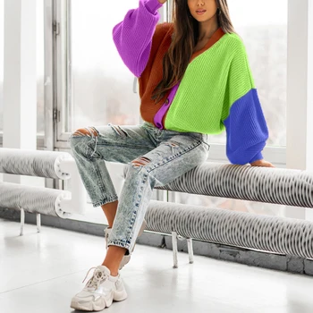 Basit Renkli Patchwork Düğme Gevşek Kadın Kazak Zarif V Boyun Puf Kollu Örme Hırka Üstleri Kadın Bahar Streetwear  5